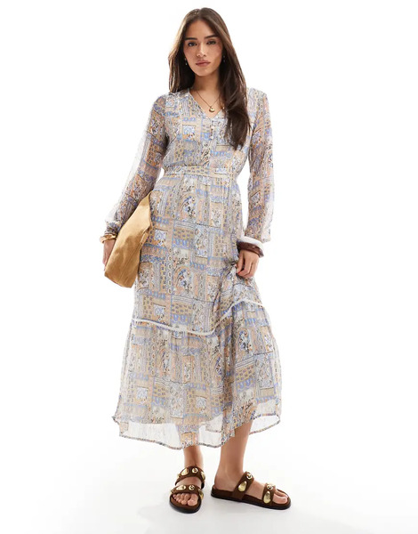  Vero Moda Smock Maxi Dress In Pink Patchwork Print White 