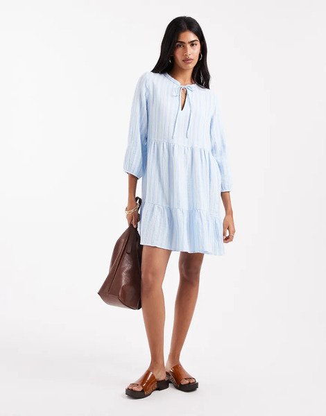  Vero Moda Smock Mini Dress In Pale Blue Stripe 