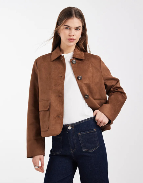  Vero Moda Soft Stretch Faux Suede Short Jacket In Cognac Red 