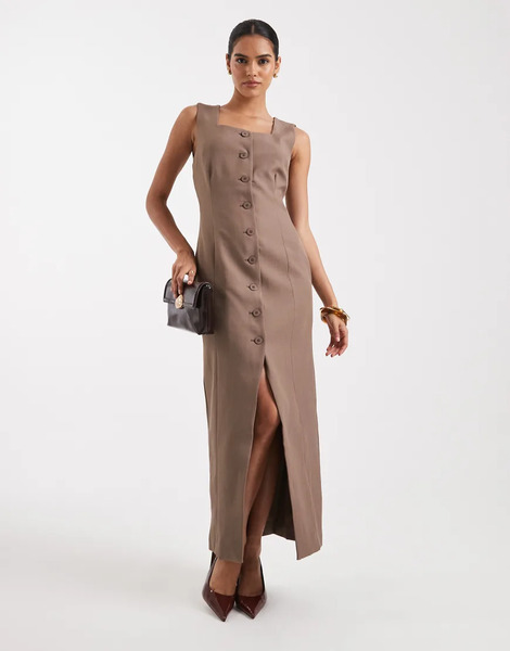  Vero Moda Square Neck Button Front Tailored Midi Dress In Light Brown Neutral 