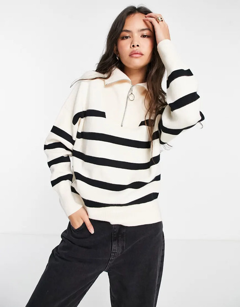  Vero Moda Stripe Zip Through Jumper In Mono Multi 