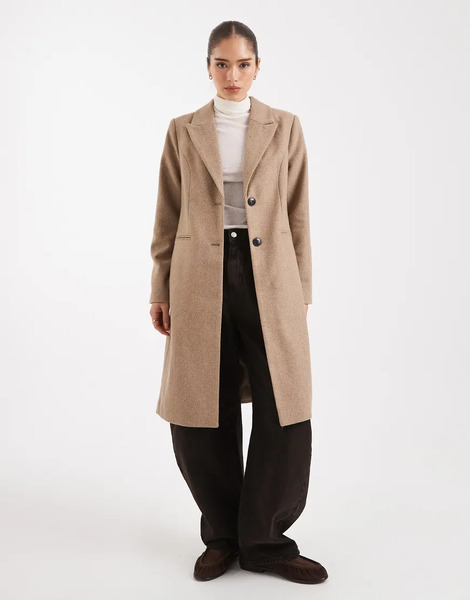  Vero Moda Tailored Herringbone Wool Mix Coat In Taupe Brown 