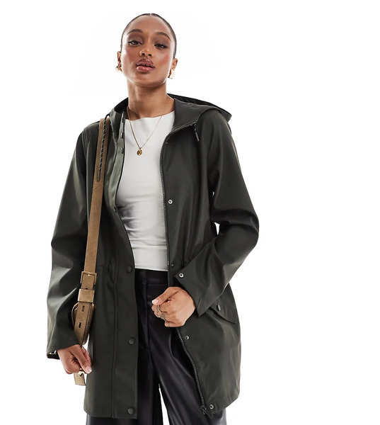  Vero Moda Tall Coated Rain Jacket With Hood In Deep Khaki Green 