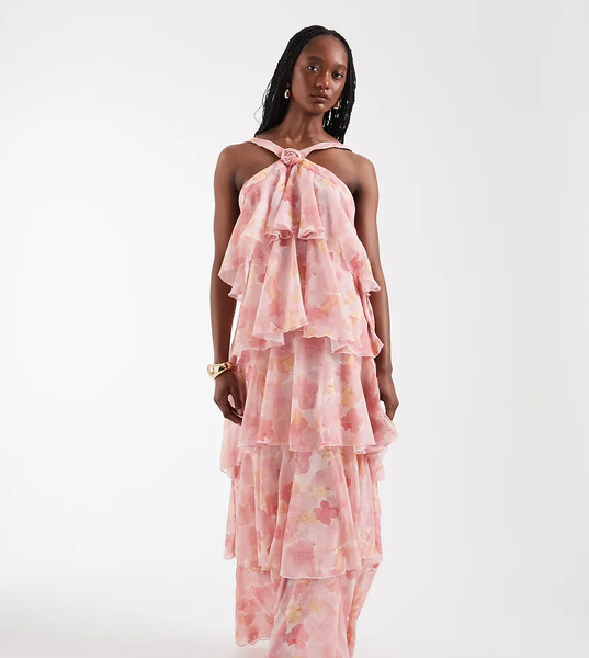  Vero Moda Tall Felicia Halter Neck Tiered Maxi Dress With Corsage Detail In Pink Watercolour Floral Print 