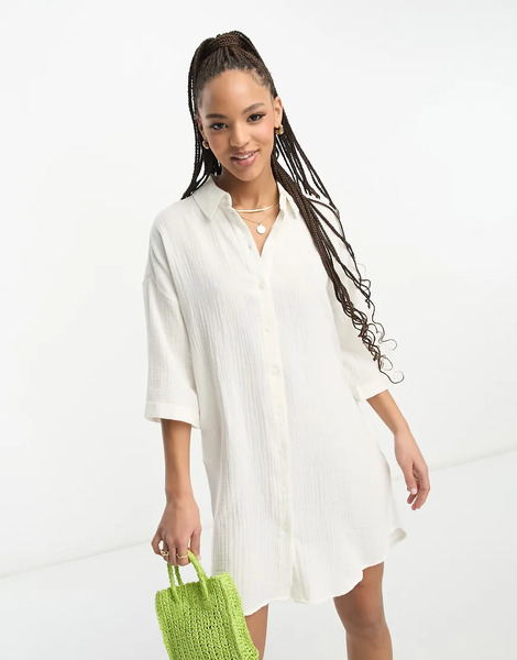  Vero Moda Textured Oversized Shirt Dress In White 