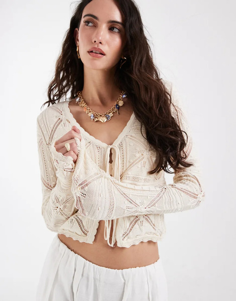  Vero Moda Tie Front Patterned Crochet Cardigan In Cream White 