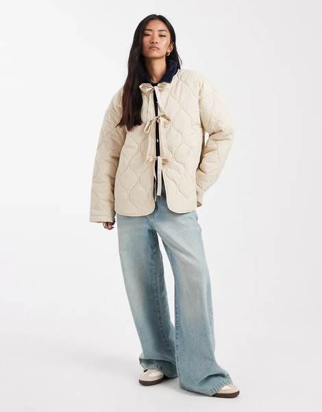  Vero Moda Tie Front Quilted Jacket In Oatmeal Neutral 