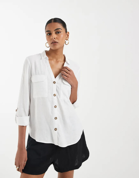  Vero Moda Utility Style Pocket Front Linen Blend Shirt In White 