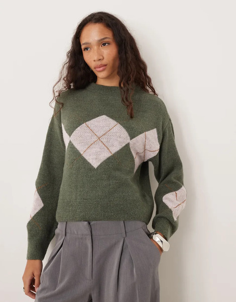  Vila Pastel Check Knitted Jumper In Dark Green Multi 
