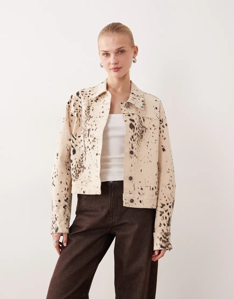  Vila Print Denim Jacket In Cream Multi 