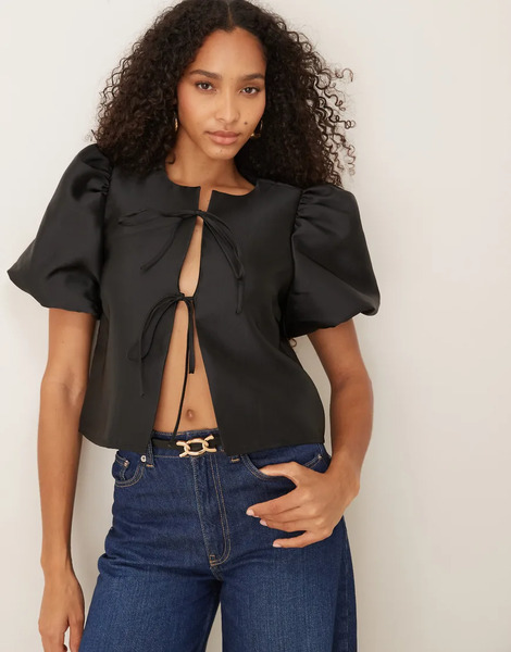  Vila Tie Front Volume Sleeve Blouse In Black 