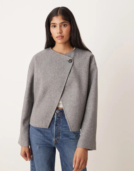  Vila Wrap Front Short Wool Jacket In Mid Grey Melange 
