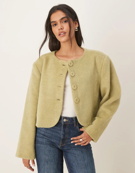  Vrg Grl Structured Shoulder Cropped Jacket In Sage Blue 