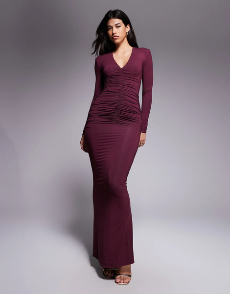  Wanderdoll Drew Sculpting Second Skin Shoulder Pad Detail Plunge Neck Ruched Maxi Dress In Plum Purple 