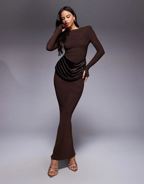  Wanderdoll Eman Longsleeve Slash Neck Satin Drape Waist Detail Bodycon Maxi Dress In Chocolate Brown 