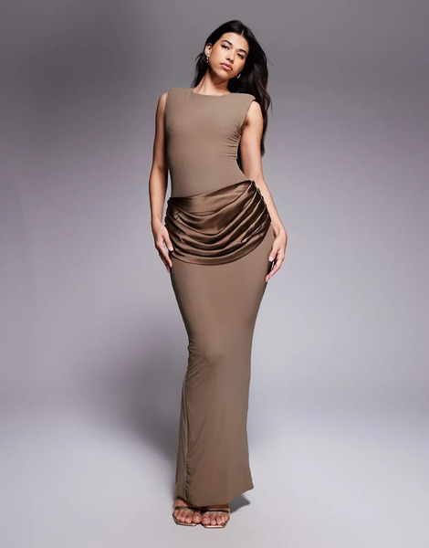  Wanderdoll Eman Shoulder Pad Detail Sleeveless Slash Neck Satin Drape Waist Detail Bodycon Maxi Dress In Mocha Mousse Brown 