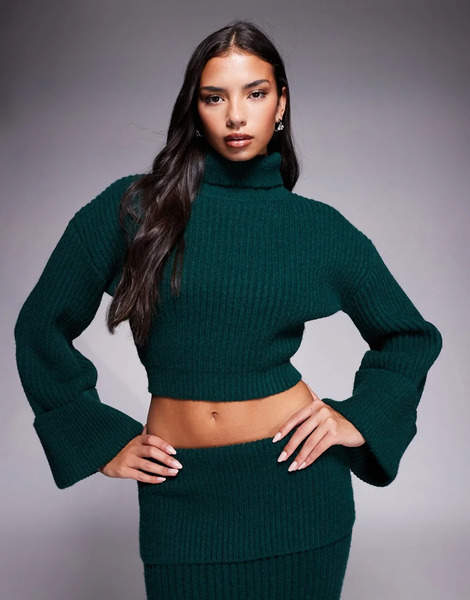  Wanderdoll Exclusive Mabel Roll Neck Wide Foldover Sleeve Cropped Jumper Co Ord In Forest Green Brown 