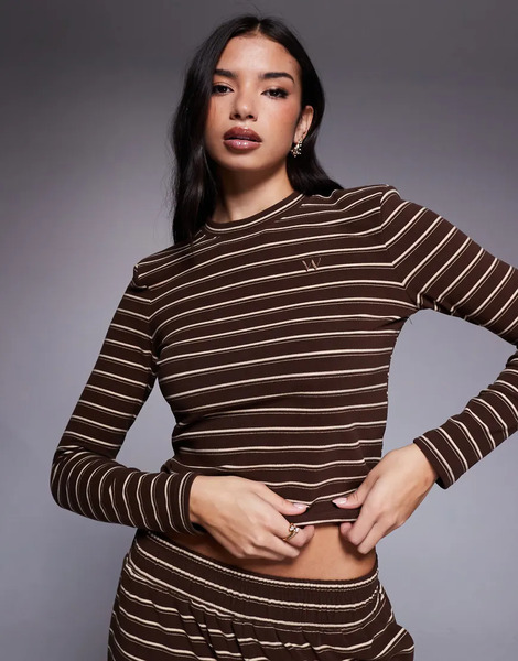  Wanderdoll Frankie Premium Heavyweight Jersey Crew Neck Long Sleeve Top Co Ord In Brown Stripe Multi 