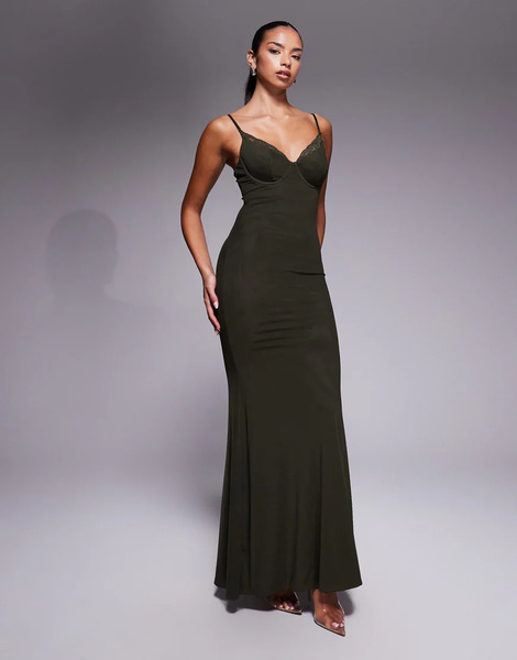  Wanderdoll Leah Triple Layered Sculpting Mesh Lace Cup Detail Cami Fishtail Maxi Dress In Forest Green Grey 