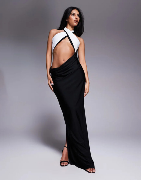  Wanderdoll Maddison Exclusive Slinky Cross Front Halterneck Cut Out Drape Side Maxi Dress In Black And White Multi 