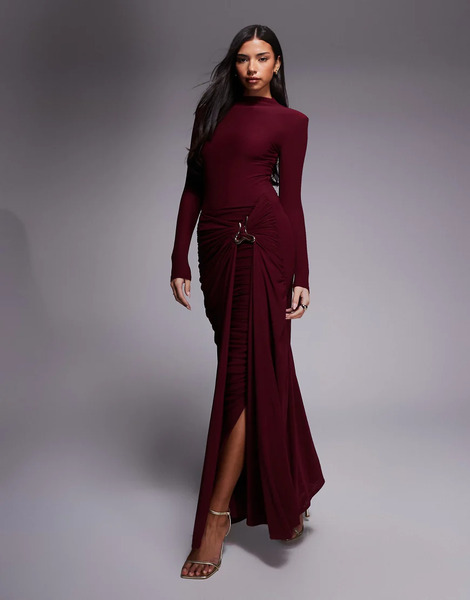  Wanderdoll Triple Layered Mesh Metal Hardware Gathered Waist Detail Maxi Skirt Co Ord In Burgundy Purple 