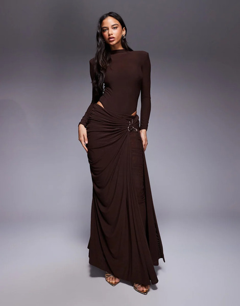  Wanderdoll Triple Layered Mesh Metal Hardware Gathered Waist Detail Maxi Skirt Co Ord In Espresso Black 