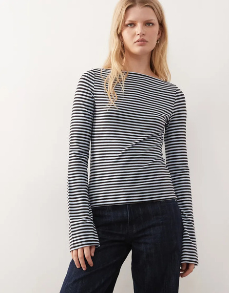  Weekday Annie Soft Boat Neck Long Sleeve Top In Chocolate Brown And Light Blue Stripe Exclusive To Asos 