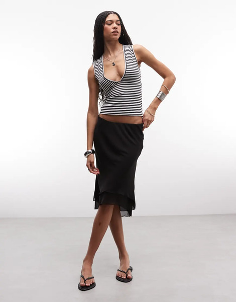  Weekday Asymmetric Chiffon Midi Skirt With Double Layer In Black 