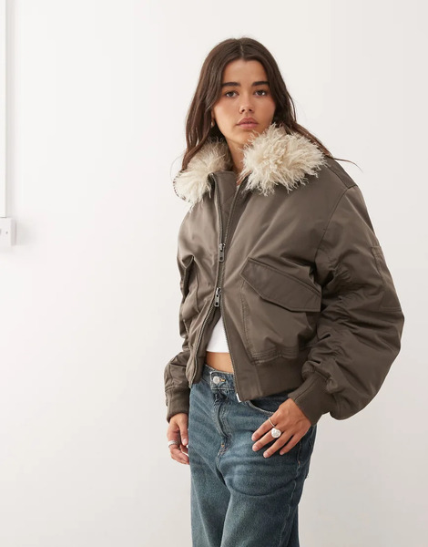  Weekday Bomber Jacket With Faux Fur Collar In Mole Exclusive To Asos Grey 