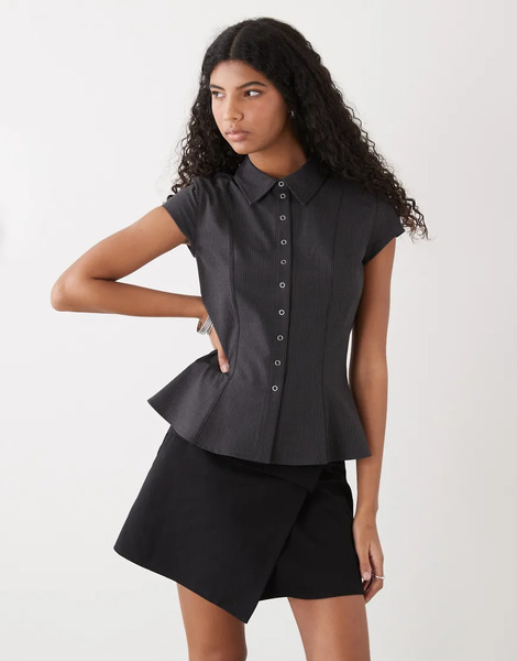  Weekday Button Through Shirt Top In Grey Melange Pinstripe 