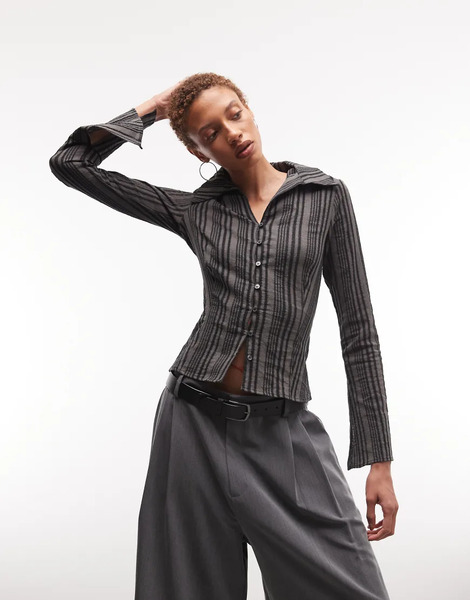  Weekday Button Up Long Sleeve Shirt In Grey Stripe 