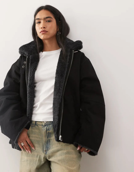  Weekday Canvas Jacket With Faux Fur Collar In Washed Black 