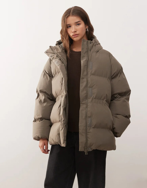  Weekday Cinched Puffer Coat With Detachable Hood In Dark Mole Grey 