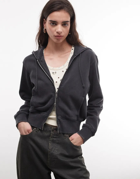  Weekday Cropped Hoodie In Washed Black 