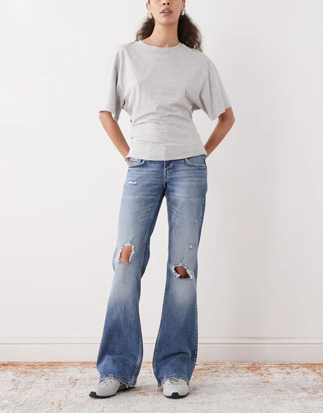  Weekday Distressed Bootcut Flared Jeans In Mid Blue 