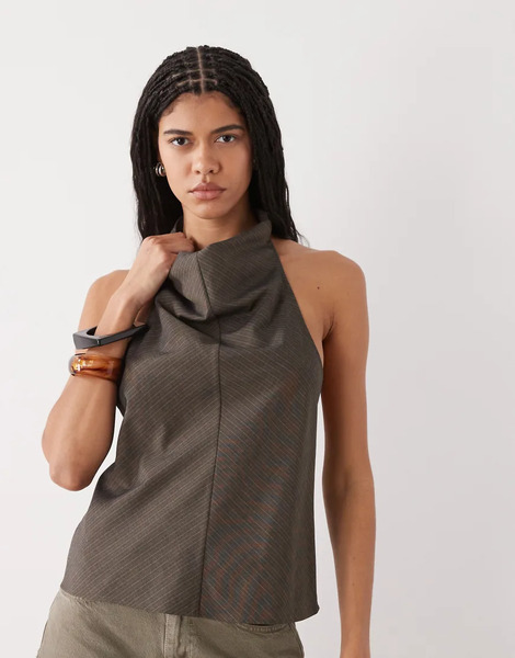  Weekday Drape Halter Top With Low Back In Dark Mole Pinstripe Brown 