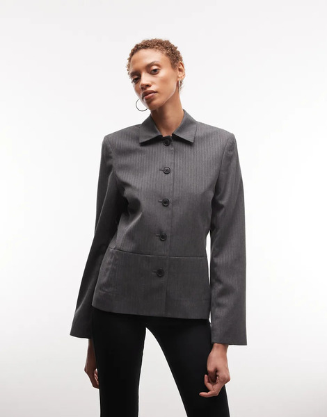  Weekday Fitted Linen Button Up Jacket In Dark Grey 
