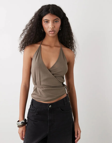  Weekday Halter Wrap Top In Mole Brown 