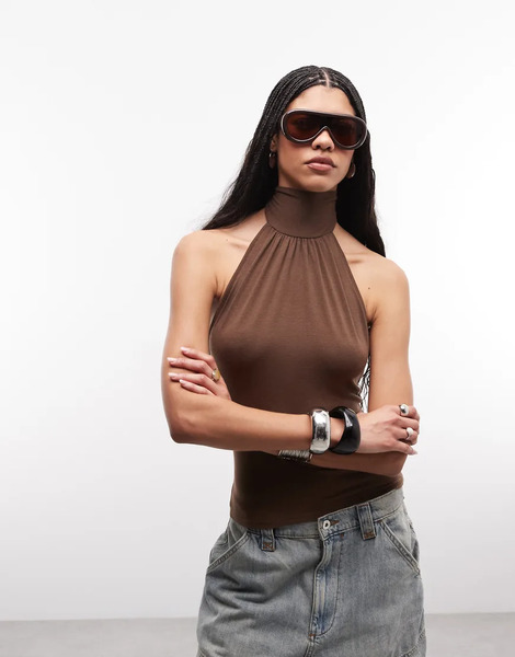  Weekday Halterneck Top With Open Back In Dark Brown 