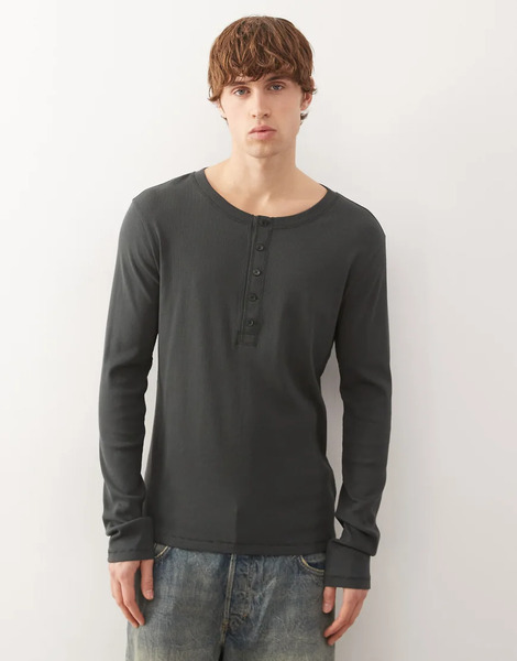  Weekday Henley Long Sleeve Top In Dark Green 