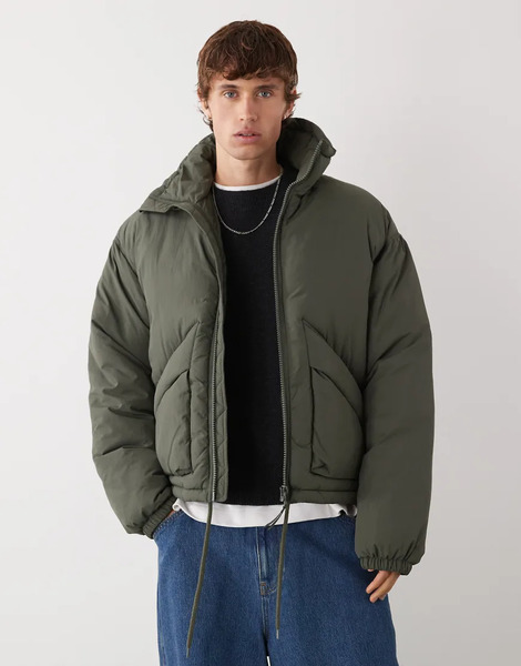  Weekday High Neck Puffer Jacket In Dark Khaki Green 