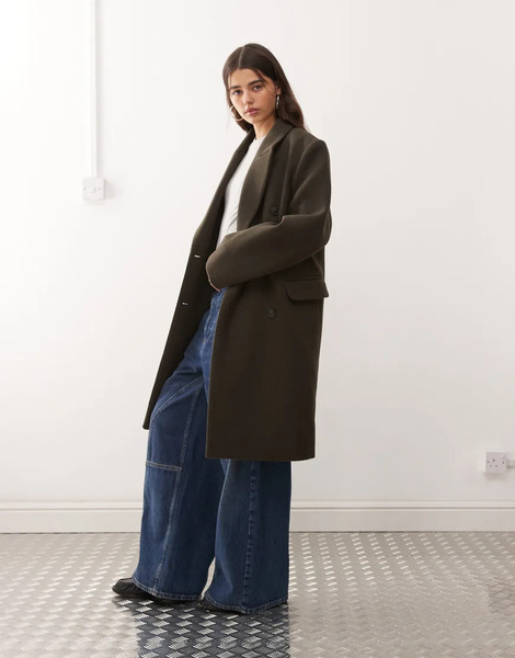  Weekday Logan Wool Blend Oversized Knee Length Coat In Dark Khaki Green 