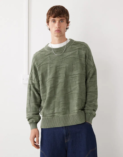  Weekday Oversized Jumper With 3d Texture In Khaki Green 