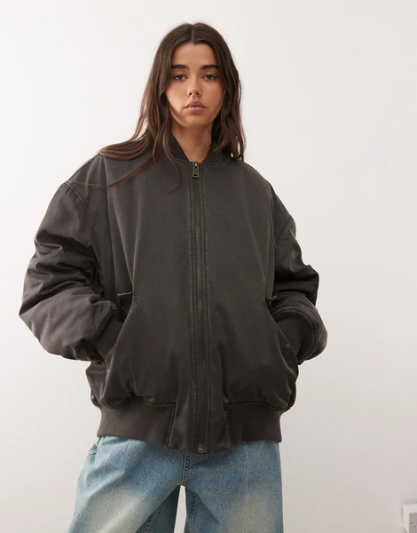  Weekday Oversized Padded Bomber In Washed Dark Grey 