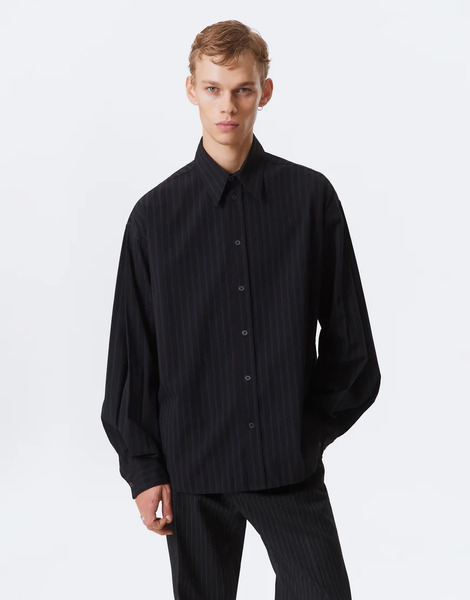  Weekday Oversized Poplin Shirt In Black And Dark Blue Stripe 