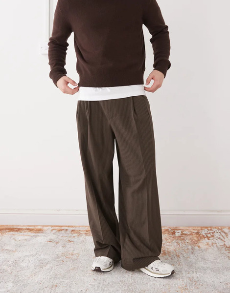  Weekday Oversized Tailored Trousers In Brown Pinstripe 