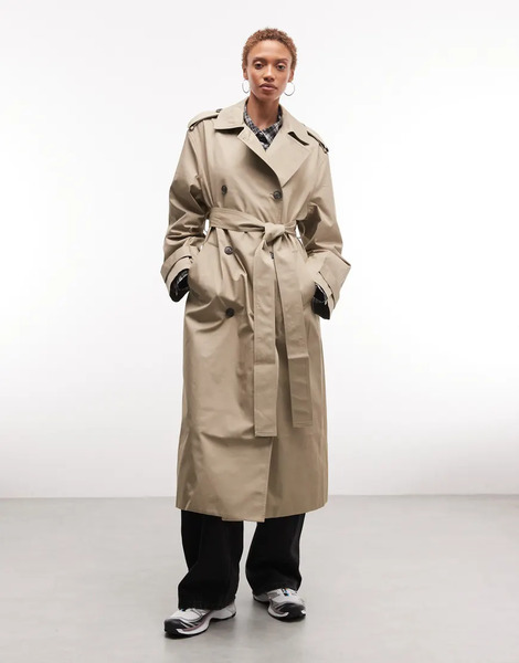  Weekday Oversized Trench Coat In Beige Brown 