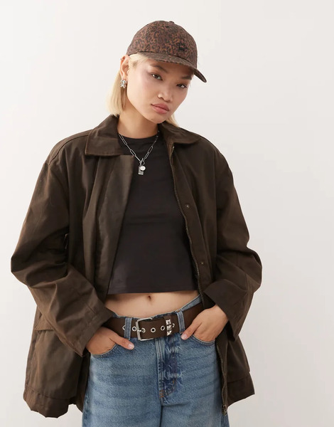  Weekday Oversized Wax Barn Jacket In Dark Brown 