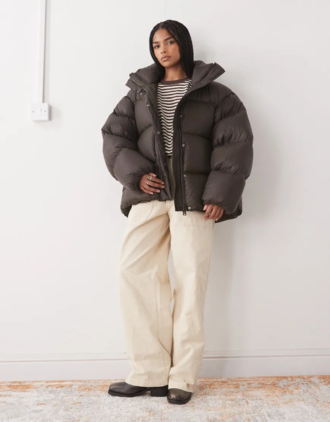  Weekday Premium Down Puffer Coat In Dark Brown 