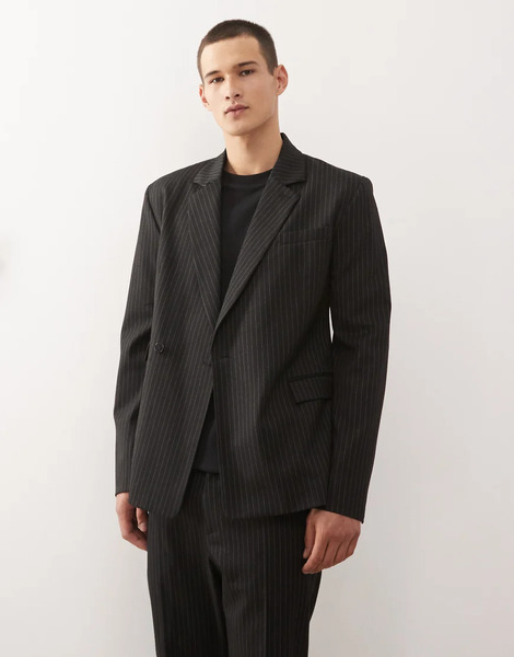  Weekday Premium Wool Blend Blazer Co Ord In Black Pinstripe 